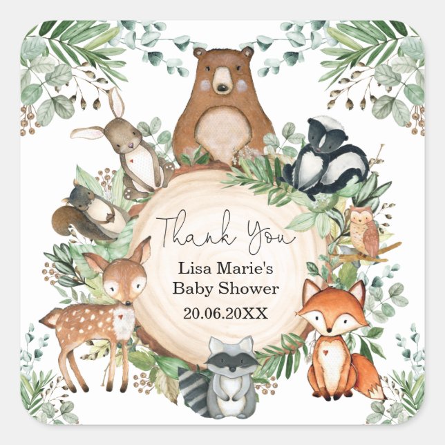 Rustic Greenery Woodland Baby Animals Favors Square Sticker (Front)