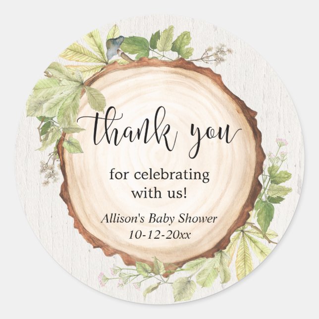 Rustic greenery woodland baby shower classic round sticker (Front)