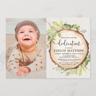 Rustic greenery woodland dedication photo invitation