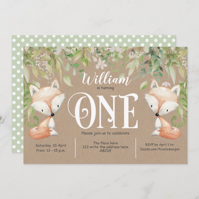 Rustic, Greenery, Woodland Fox, Boy 1st Birthday Invitation (Front/Back)