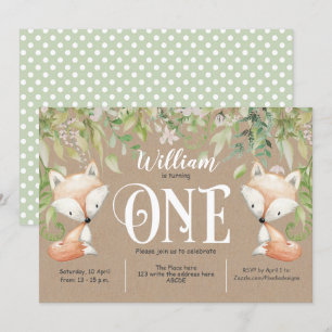 Rustic, Greenery, Woodland Fox, Boy 1st Birthday Invitation