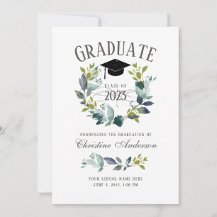 Rustic Greenery Wreath Black Grad Cap Graduation Announcement