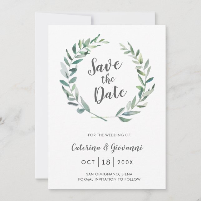 Rustic Greenery Wreath Elegant Wedding Save The Date (Front)
