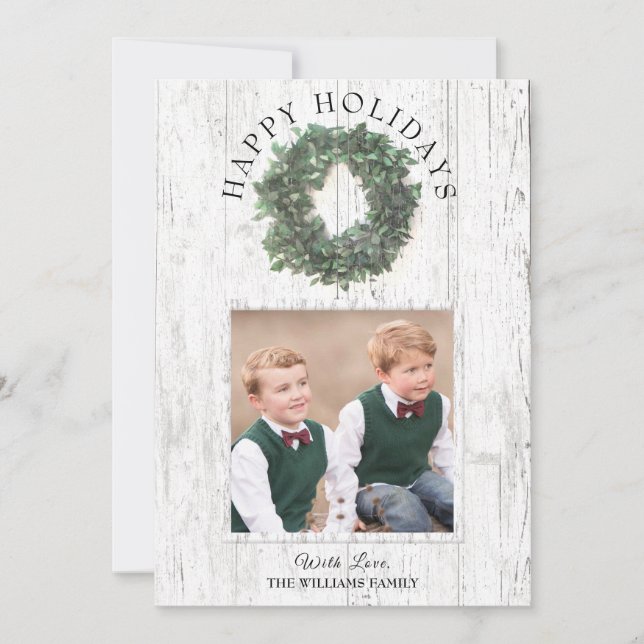 Rustic Greenery Wreath Family Two Photos Happy Holiday Card (Front)