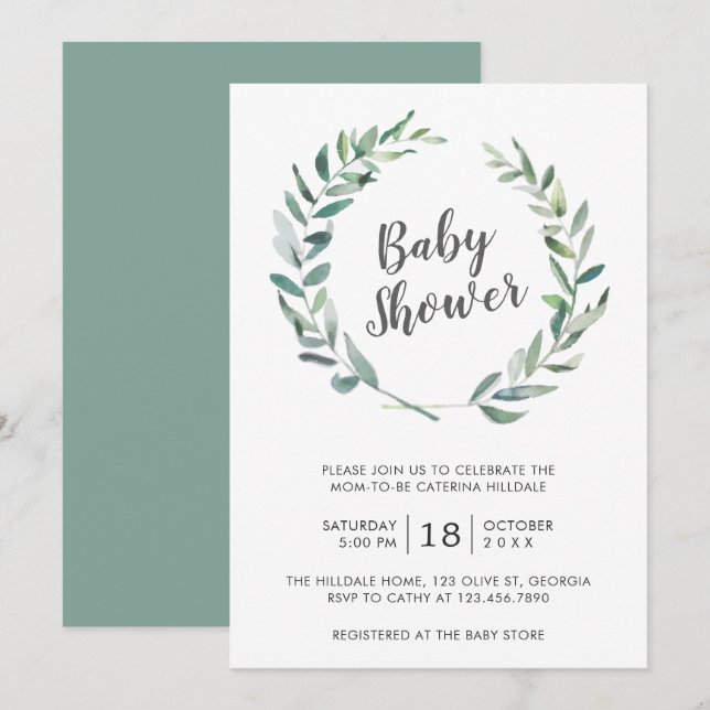Rustic Greenery Wreath Gender Neutral Baby Shower Invitation (Front/Back)
