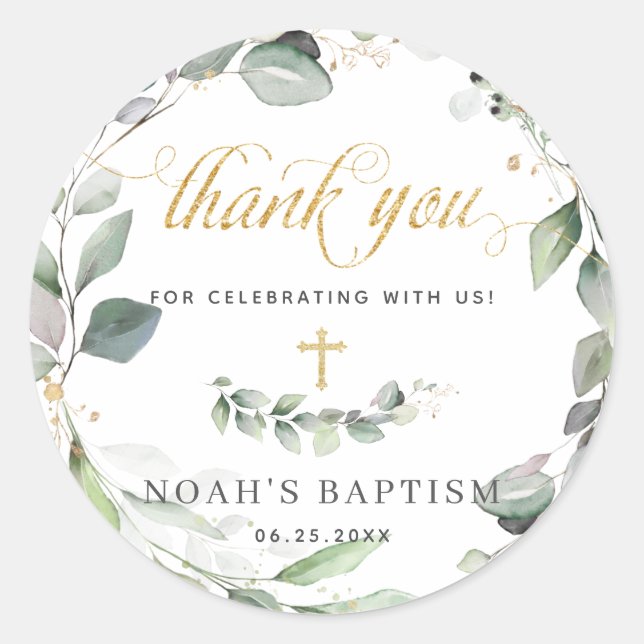 Rustic Greenery Wreath Gold Christening Thank You Classic Round Sticker (Front)