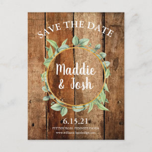 Rustic Greenery Wreath & Gold Save the Date Postcard