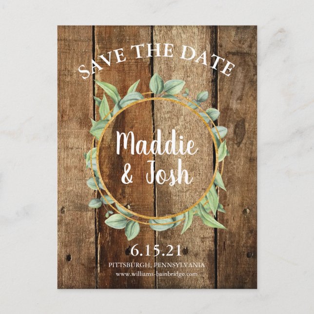 Rustic Greenery Wreath & Gold Save the Date Postcard (Front)