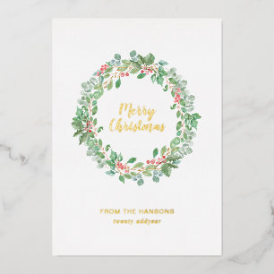 Rustic Greenery Wreath Merry Christmas Gold Foil Holiday Card