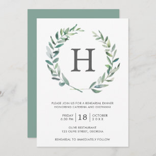 Rustic Greenery Wreath Monogram Rehearsal Dinner Invitation