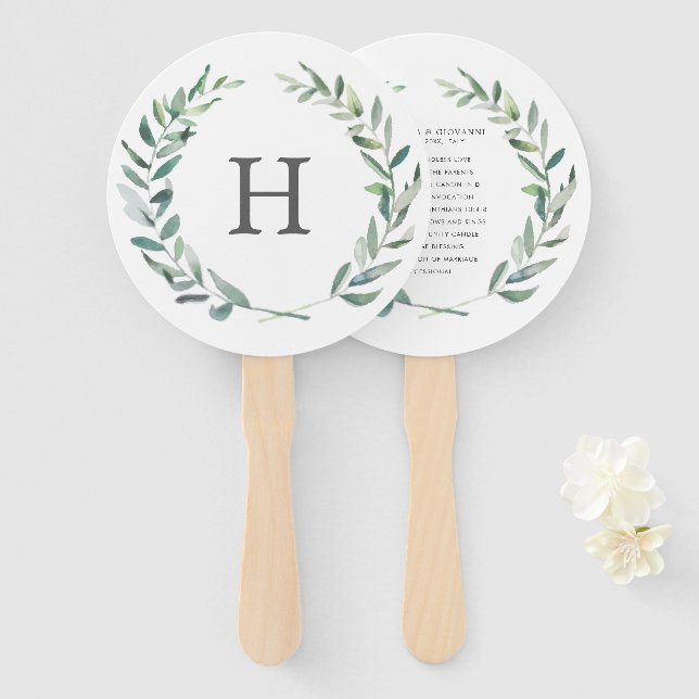 Rustic Greenery Wreath Monogram Wedding Program Hand Fan (Front and Back)