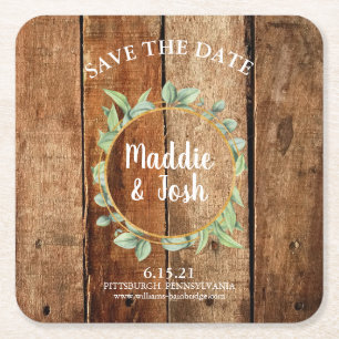 Rustic Greenery Wreath on Barn Wood Save the Date Square Paper Coaster