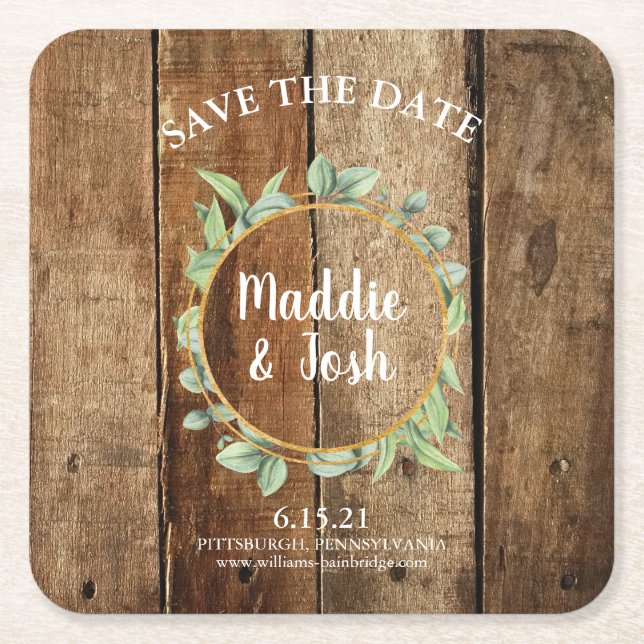 Rustic Greenery Wreath on Barn Wood Save the Date Square Paper Coaster (Front)