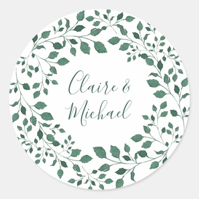 Rustic greenery wreath | Personalised Wedding Classic Round Sticker (Front)