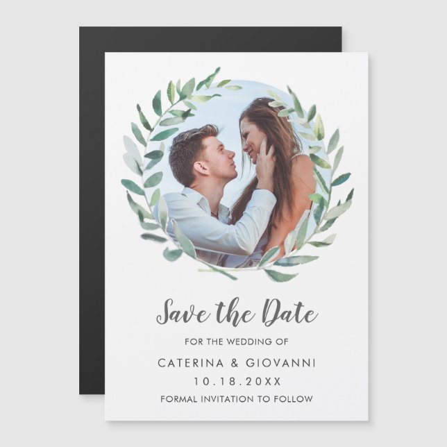 Rustic Greenery Wreath Photo Wedding Save the Date Magnetic Invitation (Front/Back)