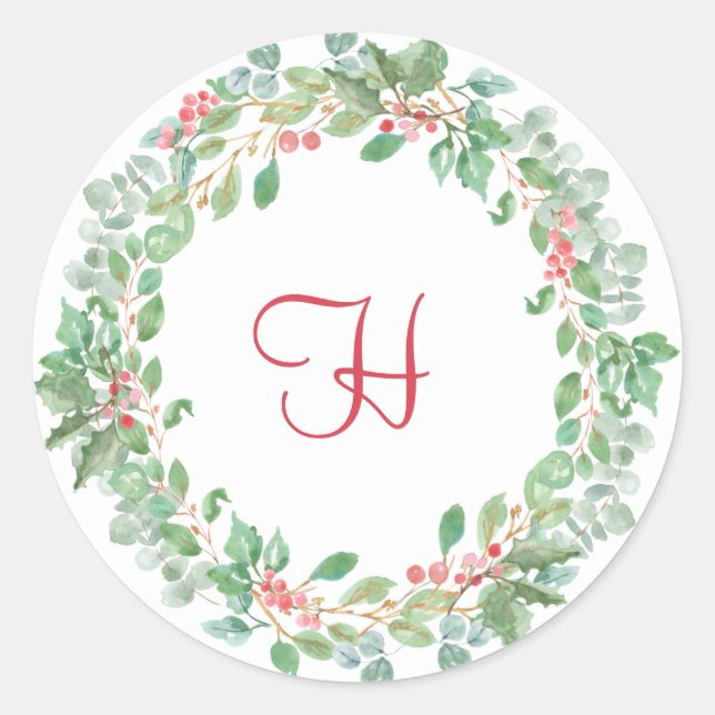 Rustic Greenery Wreath Red Monogram Christmas Classic Round Sticker (Front)