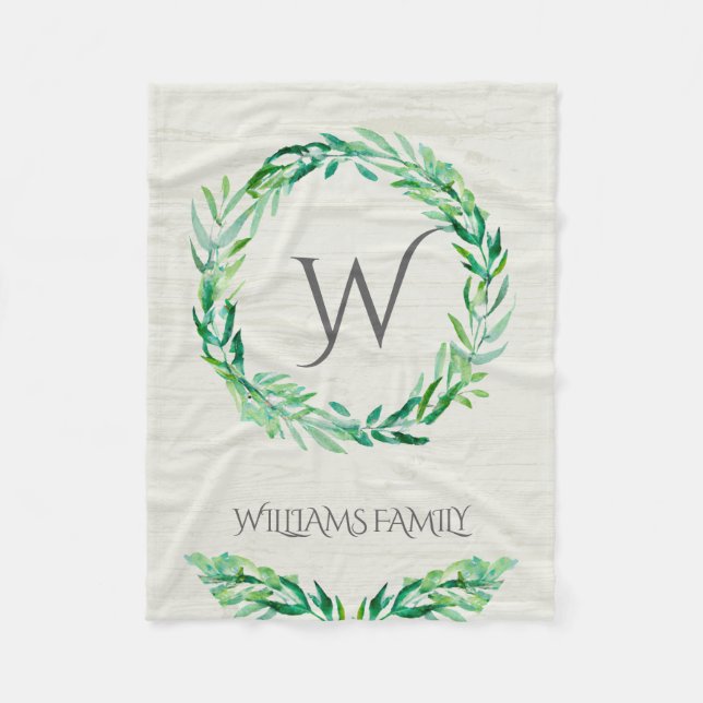 Rustic Greenery Wreath Watercolor Monogram Initial Fleece Blanket (Front)