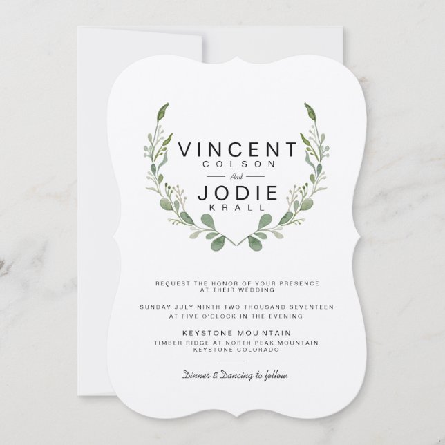 Rustic Greenery Wreath Watercolor Wedding Invite (Front)