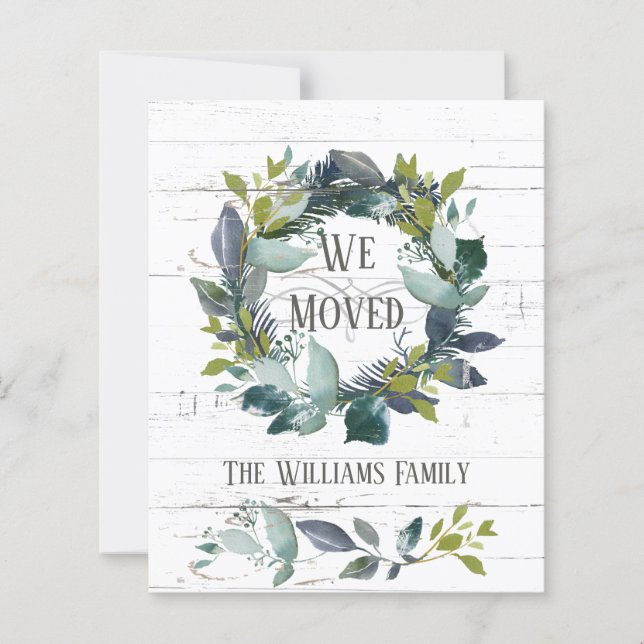 Rustic Greenery Wreath Wood Budget Moving Card (Front)