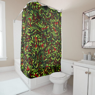Rustic greenish yellow and vivid red curves shower curtain
