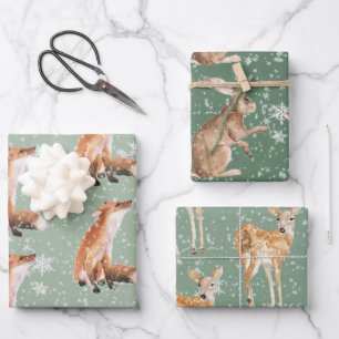 Rustic Greens Elegant Snowy Winter Animals Wrapping Paper Sheet