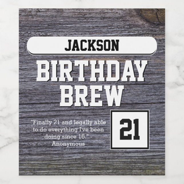 Rustic Grey 21st Brew Happy Birthday Beer Bottle L Wine Label (Single Label)
