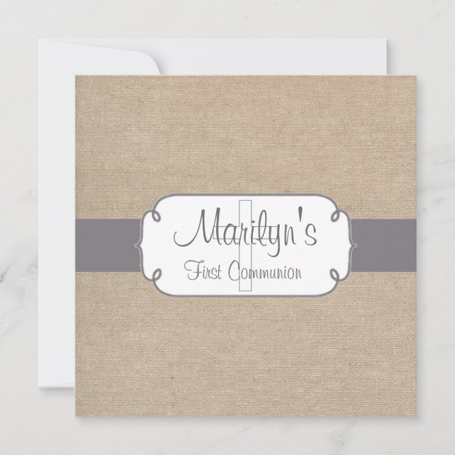Rustic Grey and Beige Burlap First Communion Invitation (Front)