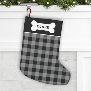 Rustic Grey and Black Buffalo Plaid Dog Bone Small Christmas Stocking