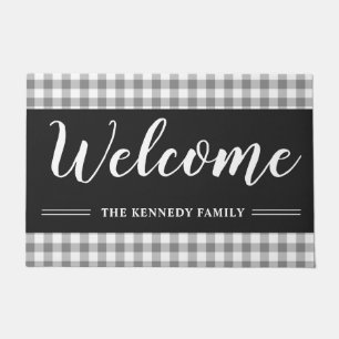 Rustic Grey and Black Plaid Family Name Welcome Doormat