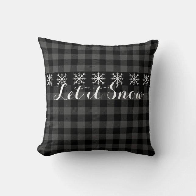 Rustic grey and black plaid  - let it snow cushion (Front)