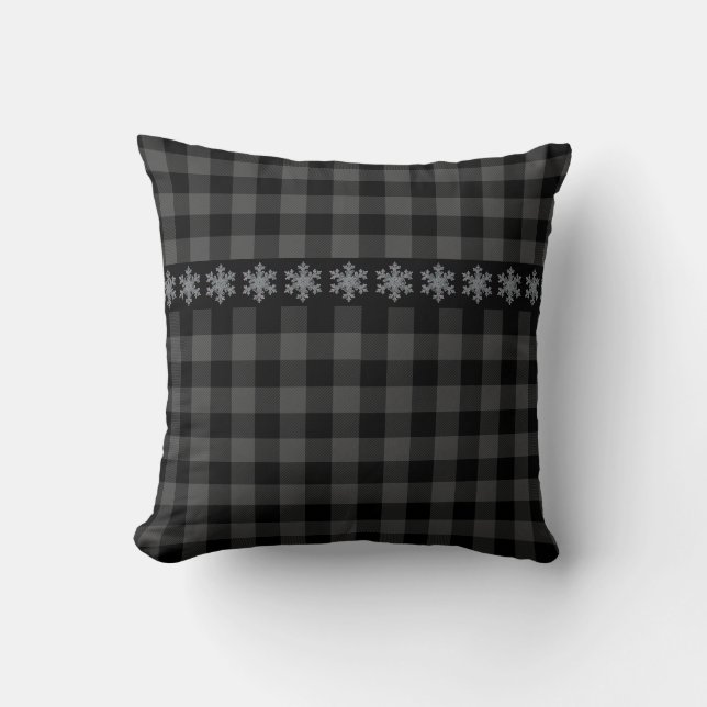 Rustic grey and black plaid -snow flake cushion (Front)