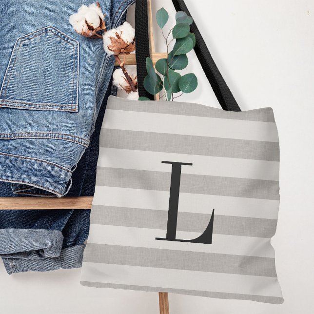 Rustic Grey and Ivory Stripes Large Monogram Tote Bag (Creator Uploaded)