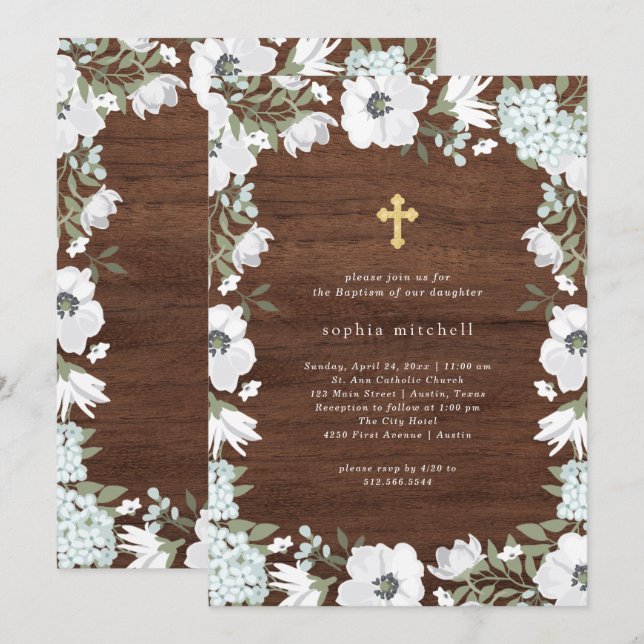Rustic Grey and White Floral Wood Look | Baptism Invitation (Front/Back)
