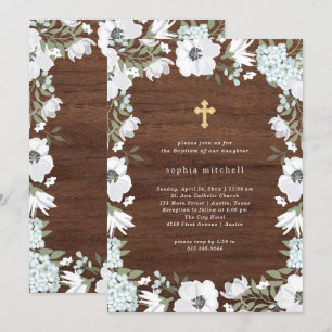 Rustic Grey and White Floral Wood Look   Baptism Invitation