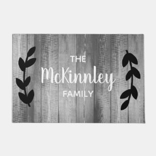 Rustic Grey Barn Wood Black Laurels & Family Name Doormat