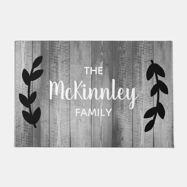 Rustic Grey Barn Wood Black Laurels & Family Name Doormat (Front)
