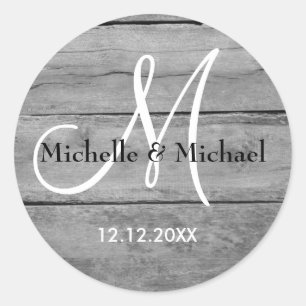 Rustic Grey Barn Wood Bride And Groom Monogram   Classic Round Sticker