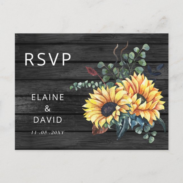 Rustic Grey Barn Wood Country Sunflowers RSVP Invitation Postcard (Front)