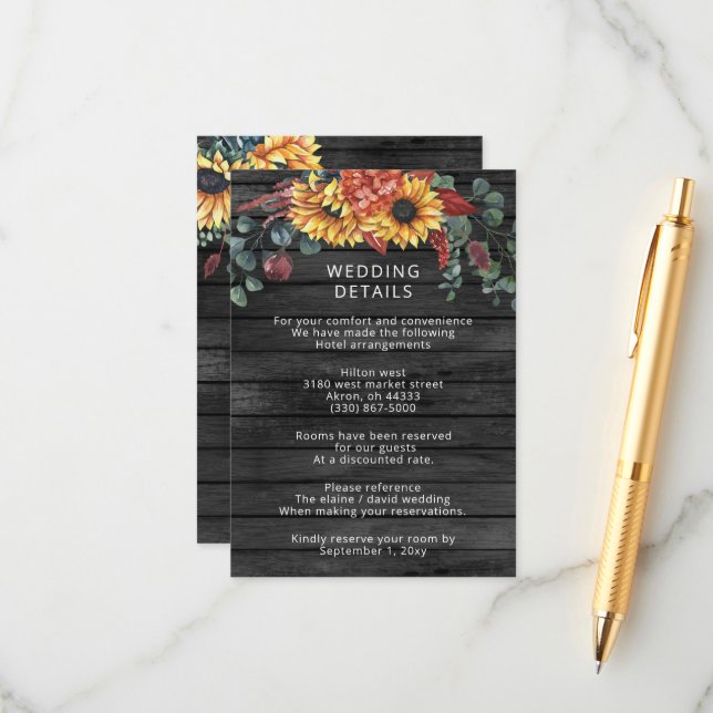 Rustic Grey Barn Wood Country Sunflowers Wedding Enclosure Card (Front/Back In Situ)