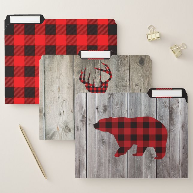 rustic grey barn wood deer bear red buffalo check file folder (Set)