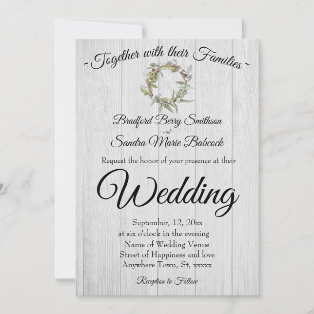 Rustic Grey Barn Wood, Eucalyptus Wreath Wedding  Invitation (Front)
