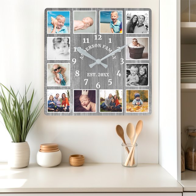 Rustic Grey Barn Wood Farmhouse 12 Photo Collage Square Wall Clock (Creator Uploaded)