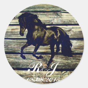 rustic grey barn wood western horse themed wedding classic round sticker