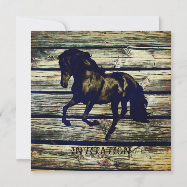 rustic grey barn wood western horse themed wedding invitation (Front)
