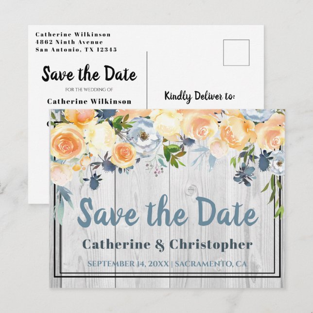 Rustic Grey Barnwood Floral Save the Date Postcard (Front/Back)