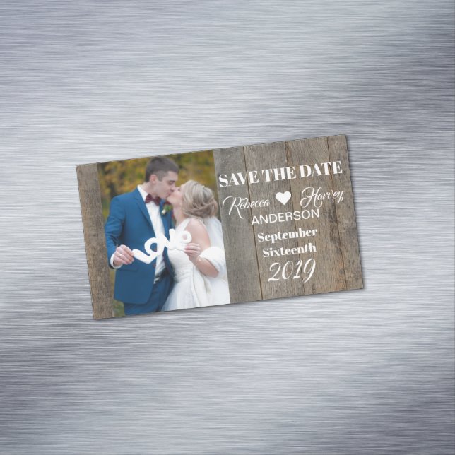 Rustic grey barnwood wedding save the date 	Magnetic business card (In Situ)