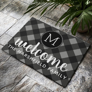 Rustic Grey & Black Buffalo Plaid Family Welcome Doormat