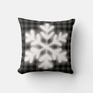 Rustic grey black buffalo plaid -snow flake cushion