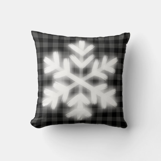 Rustic grey black buffalo plaid -snow flake cushion (Front)