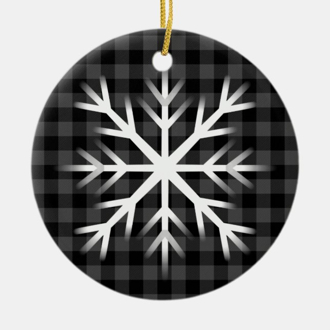 Rustic grey black plaid pattern frosty snow flake  ceramic tree decoration (Front)